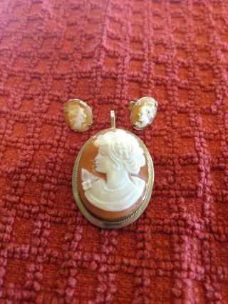 Antique/vintage Cameo Brooch Pin Pendant Earrings Set 8k Gold