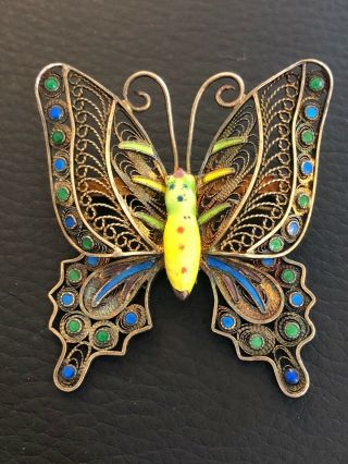 Vintage Antique Chinese Sterling Silver Enamel Large Butterfly Pin Brooch