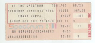 Rare Frank Zappa 10/23/78 Philadelphia Pa The Spectrum Ticket Stub
