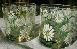 Rare Vintage 2 Signed Culver Ltd Enameled Daisy Lowball Cocktail Glasses Exc