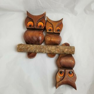 Vintage Mcm 60s Carved Scalloped Wood Orange Eyed 3 Owl Wall Hanging Jaycraft