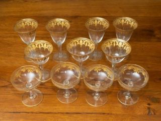 Rare Antique Set Eleven Etched Glass 18k Gold Trim Wine Water Champagne Glasses