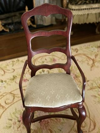 Vintage Miniature Dollhouse Museum Artisan Wood Ladder Back Chair Silk Cushion