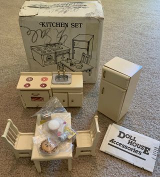 Vintage Miniature Doll House Wood Kitchen Set Refrigerator Table Chairs Stove