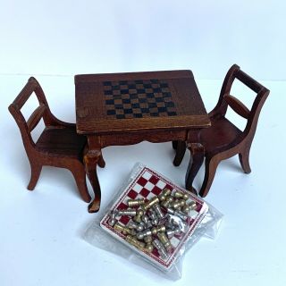 1:12 Vintage Dollhouse Miniature Magnetic Chess Table Chess Set Matching Chairs