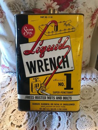 Vintage Rare Liquid Wrench Metal Gallon Oil Can Gas Station