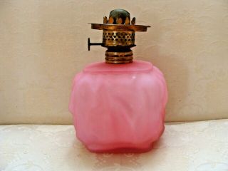 Antique Miniature Oil Lamp Pink Satin Glass P&a Drape Pattern Nutmeg Burner