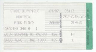 Rare Pink Floyd 5/11/88 Montreal Quebec Canada Concert Ticket Stub