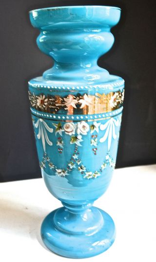 Antique Vintage Blue Bristol Glass Vase Hand Painted Enamel 10 3/4 "