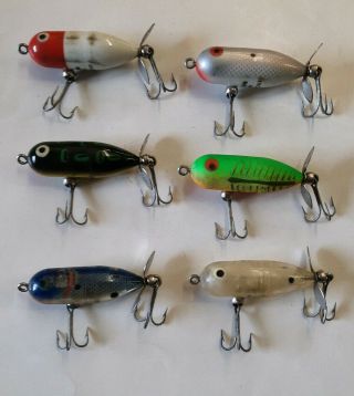 6 Vintage Heddon " Tiny Torpedo " Fishing Lures Red White Green Clear & More