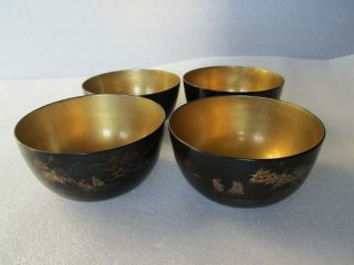 Rare Antique Chinese Foochow Lacquer Ware Hand Painted Gilt Wood Bowl Set Of 4