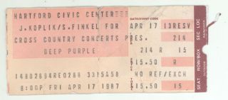 Rare Deep Purple 4/17/87 Hartford Ct Civic Center Ticket Stub