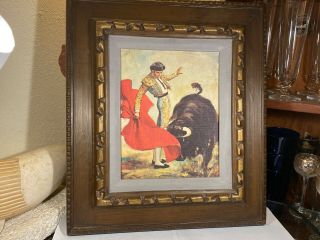 Bullfighting Scene Toreador & Bull Oleograph Or Printed Painting N Frame Vintage