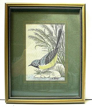 J.  & J.  Cash Woven Silk Picture Of A Grey Wagtail,  Framed,  Mounted,  And Glazed