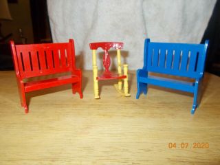 Ideal Vintage Rocking Chair & 2 Benches Dollhouse Furniture Renwal Plastic