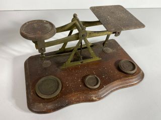 Vintage Brass Set Of Postal Scales Wood Plinth With Weights Collectable Antique