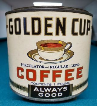 Rare Vtg 1934 Golden Cup Paper Label Coffee Tin Can Not Porcelain Sign