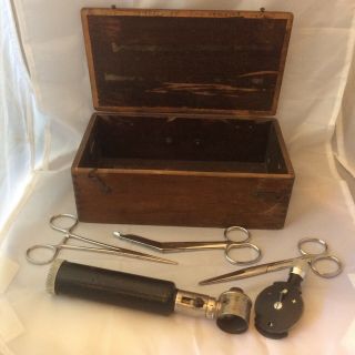 Vintage Medical Oddities Device Eye Doctor Optical,  Medical Tools & Old Wood Box
