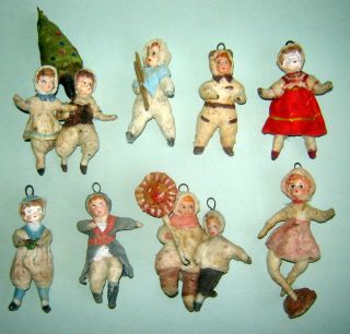 Set Of 8 Antique Old Early Russian Christmas Ornaments Spun Cotton Rare