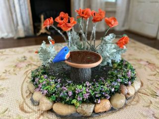 Vintage Miniature Dollhouse Artisan Garden Birdbath Rocks Landscape Diorama Cute