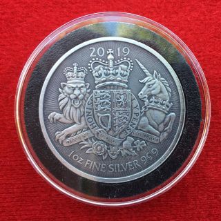 2019 British Silver Royal Arms 1 Oz.  999 Silver Coin - Darker Antique Finish