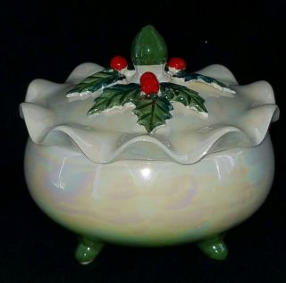 Rare Vintage Norcrest Opalescent Christmas Holly Berries Lidded Trinket Box Dish