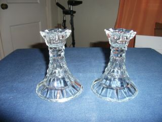 Rare Pair Fostoria American Cube Glass Candle Holder 4 Inch Tall Clear Crystal