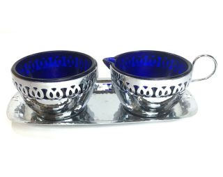 Silver Plated Creamer Sugar And Tray Set Cobalt Blue Glass Made In England