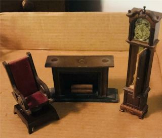 Vintage 1:12 Scale Dollhouse Wood Living Room - Fireplace,  Clock,  Rocking Chair