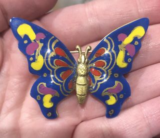 Antique Vintage Enameled Metal Butterfly Brooch Made In W Germany Blue Yellow