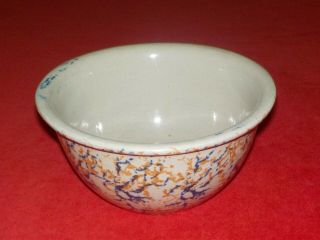 Antique 8 " Spongeware Bowl In White With Blue & Rust Color Paint,  No.  7