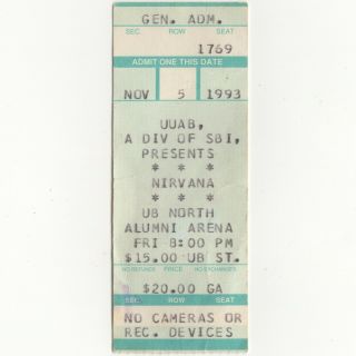Nirvana Concert Ticket Stub Buffalo Ny 11/5/93 Alumni Arena In Utero Tour Rare