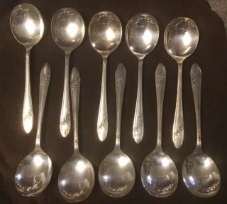 10 Oneida Community Queen Bess Ii Tudor Round Gumbo Soup Spoons 1946