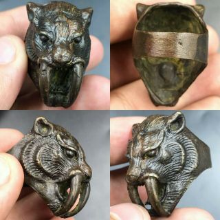 Antique Ancient Roman Old Bronze Unique Wonderful Rare Ring With Lion Head
