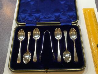 Vintage Sterling Silver Demitasse Spoons And Tong Set,  Hallmarked Poss England.