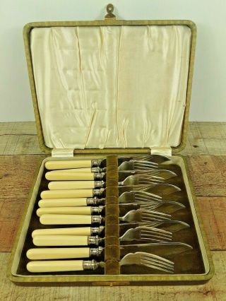Vintage English Epns Silver Plated 12 Piece Fish Knife & Fork Set In Case