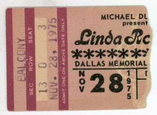 Rare Linda Ronstadt 11/28/75 Dallas Tx Concert Ticket Stub
