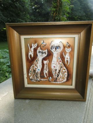 Mid Century Modern Enamel On Copper Painting Cats & Kittens Signed Ej