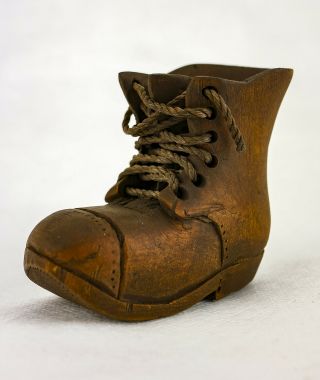 Hand Carved - Small 2 1/4 " - Wooden Boot With Rope Lace - Signed Dc - 1988