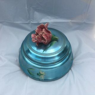 Vintage 1940’s Blue Metal Round Vanity Powder Puff Music Trinket Box - Rare Item