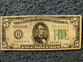 RARE 1934 LINCOLN FIVE DOLLAR NOTE WITH CRAZY 4 - OF - A - KIND SERIAL NUMBER 3