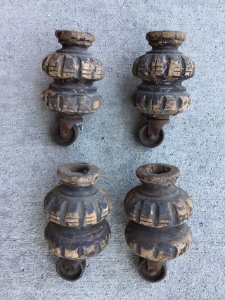 Set Of 4 Vintage Antique Carved Furniture Feet Legs With Metal Caster Wheels