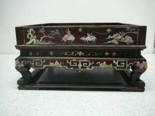 Fantastic Rare Chinese Mother Of Pearl Inlaid Tray Wood Wooden Stand 19thc
