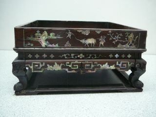 Fantastic rare Chinese mother of pearl inlaid tray wood wooden stand 19thC 3