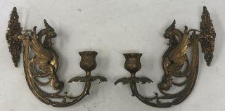 Antique Victorian Figural Dragon Wall Sconce / Candle Holder Pair Rare