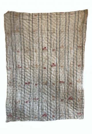 Charming 18th Century French Embroidered Striped Linen Fabric (2680)