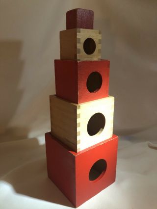Vintage Antique Wood Stacking Box Toy Fingerjointed Red Tan 5 Piece 4.  5”