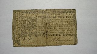 1770 $1/2 Annapolis Maryland Md Colonial Currency Note Bill Half Dollar Rare