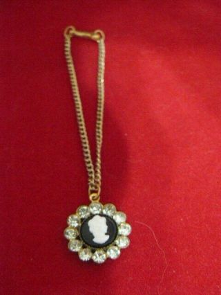 Vintage Madame Alexander Black & White Cameo Necklace - 12 Rhinestones - 6 " Chain