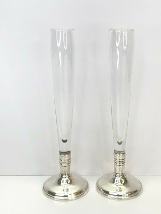 2 Birks Sterling Silver Bud Vases Weighted Bases & Clear Glass Tops 9.  75 " High